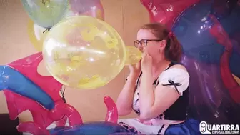 Q700 Derpy unties 6 helium 14'' Unicorn balloons and blows them to pop - 480p