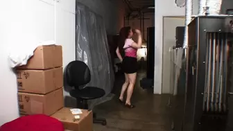 Horny red head with big ass in store room fucking black cock