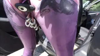 ORIGINAL SOUND!! Latex Pierced Doll in Transparent Big Boobs Catsuit, Stocking, Corset, Mask and Gloves walks with automatic BUTT Plug in Public PART1