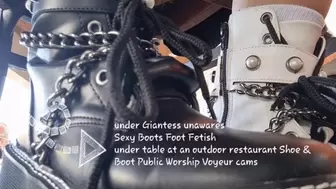 under Giantess unawares Sexy Boots Foot Fetish under table at an outdoor restaurant Shoe & Boot Public Worship Voyeur cams