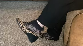 Deb's Home From Work and Dangling Her Cheetah Abella Ballet Flats Which Were Hot & Sweaty From Her Lacy Sock Covered Feet (3-4-2021) C4S