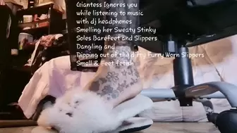 Giantess Ignores you while listening to music with dj headphones Smelling her Sweaty Stinky Soles Barefeet and Slippers Dangling and Dipping out of the dirty Furry Worn Slippers Smell & Feet fetish avi