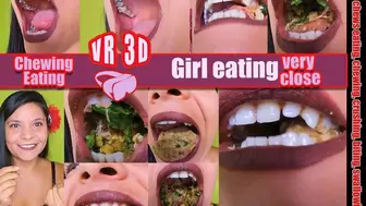 3D VR Virtual Reality Chew swallow vore Girl Chew Pretty girl eats a sandwich with raw ham and very hard corn kernels that crack hard sandwich with hard corn kernels SHE shows you her teeth and her mout