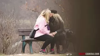 Girls kissing in public clip 1 (4K)