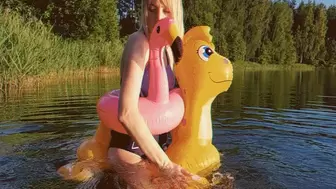 Alla hotly fucks an inflatable dragon riding on the river and wears an inflatable ring flamingo Alla deflates inflatable toys on the shore!!!
