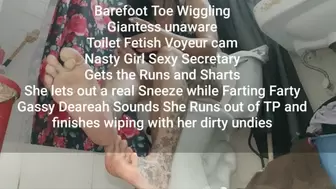 Barefoot Toe Wiggling Giantess unaware Toilet Fetish Voyeur cam Nasty Girl Sexy Secretary Gets the Runs and Sharts She lets out a real Sneeze while Farting Farty Gassy Deareah Sounds She Runs out of TP and finishes wiping with her dirty undies
