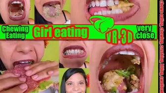 3D VR Virtual Reality Pretty girl eats a salami sandwich and very hard corn kernels that crack hard SHE shows you her teeth and her mouth