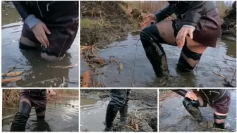 Sexy girl in high boots has real panic and fear while getting stuck in deep soft mud