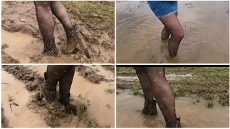 Sexy girl in crocodile ankle boots is walking in deep mud