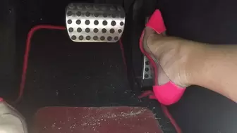 Pumping the Mercedes floor mounted pedal in semi clear hot pink point toe stiletto's PEDAL PUMPING
