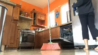 Possessed broom in dirty feet babe's kitchen!!