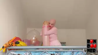 Balloon Bondage - Riding and Humping in Pink Latex Hood and Plastic Fake Lips Gag