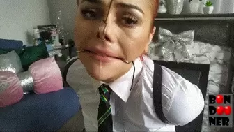 Balloon Bondage - Riding and Drooling in School Uniform Mouth Hooks Gag Nose Hook Armbinder