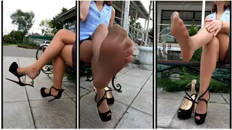 Sexy pantyhose feet play, Christian Louboutin high heels dangling