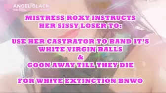 Sissy Loser castration band your white virgin balls for 1hr & goon to white extinction for Mistress Roxy (SD480)