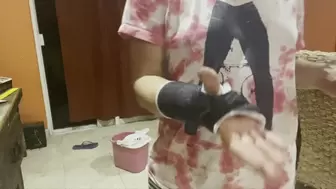 Wrapping my black arm cast in a bandage