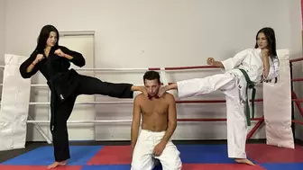 Karate and jiu jitsu girls train a guy