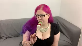 Goth BBW eating marshmallow figure