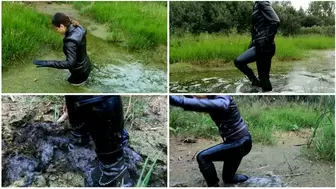 Girl in all leather clothes walks in deep mud and stuck hard