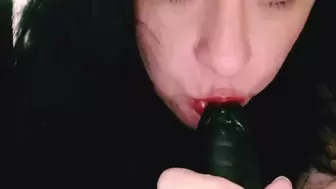Red lipstick smeared dildo sucking