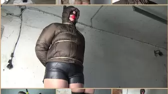 Tied up and pissing in a puffy jacket