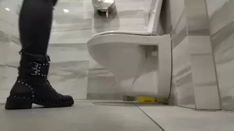 Sexy leather boots & pants in quick toilet