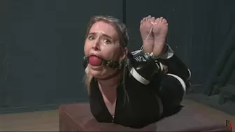 Barefoot Katrina in catsuit gets hogtied tightly with white ropes and big ballgag (FULL HD MP4)