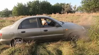 Girls driving over high grass and getting stuck