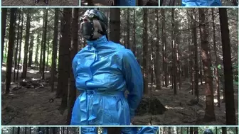 Handcuffed to a tree in a blue raincoat