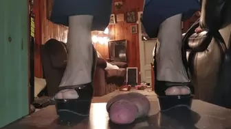 balls crushed flat under 2 pairs of step-mother in laws sexy platforms!