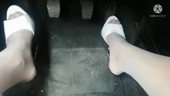 Pedal pumping revving driving nylon white pantyhose and mules