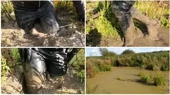 Sexy girl in all leather clothes stuck in deep muddy puddles