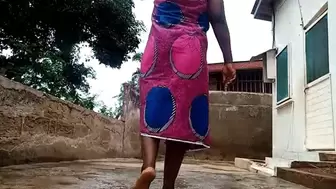 Holy Church Girl Fare Angle Walks Barefoot Outside in African Cloth