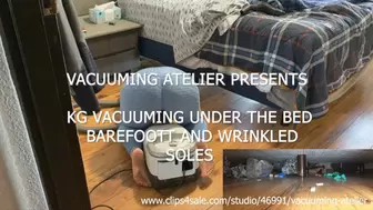 KG vacuuming under the bed barefoot and wrinkled soles mix of 2 cams