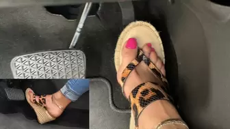 PiP Revving in the Buick in Leopard Wedge Espadrille Mules & Barefoot