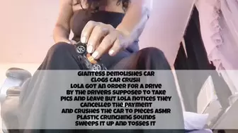 Giantess Demolishes Car Clogs Car Crush Lola got an order for a drive by The drivers supposed to take pics and leave but Lola notices they cancelled the payment and Crushes the car to pieces ASMR Plastic Crunching Sounds Sweeps it up and Tosses it