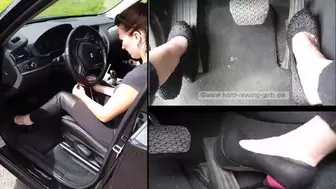 Ina revs her BMW in different pairs heels and wears leggings