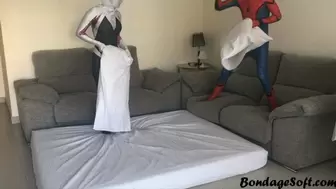 SpiderGwen defeated and tied up by SpiderMan