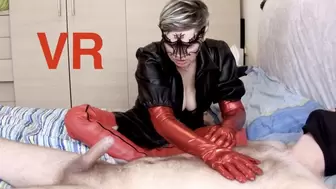 Shiny red gloves teasing led to hands free cumshot VR