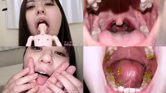 Satori Fujinami - Showing inside cute girl's mouth, chewing gummy candys, sucking fingers, licking and sucking human doll, and chewing dried sardines mout-106