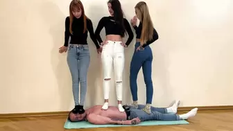 Triple Full Weight Trampling Femdom With Mistresses Kira, Sofi and Agma (MP4 HD 1080p)