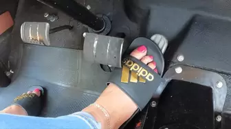 Driving the Jeep in Black Adidas Slides