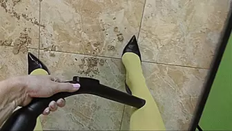VACUUMING THE SCATTERED FLAKES ON THE FLOOR IN YELLOW PANTYHOSE!
