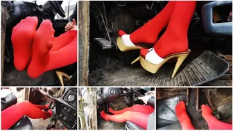 Pedal pumping in old russian jeep UAZ wearing sexy red pantyhose