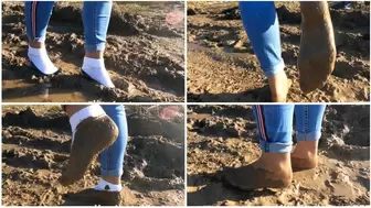Walking in deep soft muddy puddles wet muddy socks pantyhose feet