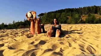 Sporty girls Anastasia and Olivia with big feet and a ball on a public beach (Part 1 of 6) #20211105
