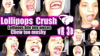 Virtual Reality VR 3D - Bite very large lollipops, 2 lollipops and a pair of sweets, I chew up and bite them into a pulp until I swallow them 4k clip licking lollipop asmr licking lollys