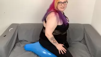 Blowing up and sit to pop a blue balloon