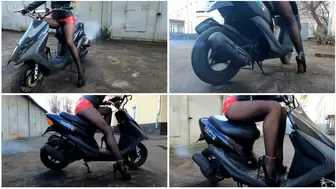 Sexy Emily revs Honda scooter very hard UPSKIRT