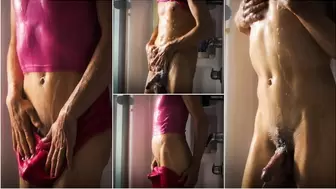 Crossdresser hot shower strip and tease in pink clothes